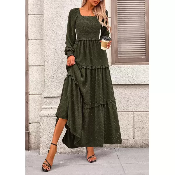 imagePRETTYGARDEN Womens Long Sleeve Smocked Maxi Dress Casual Square Neck Swiss Dot Tiered Ruffle Flowy Pocket DressesArmy Green