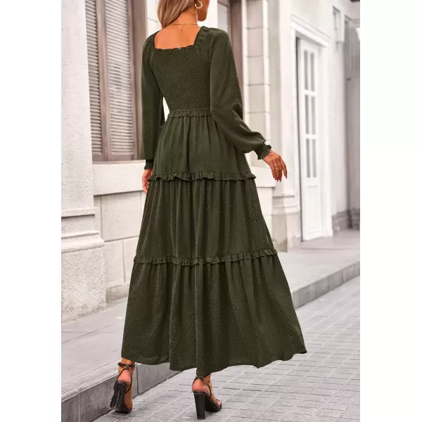 imagePRETTYGARDEN Womens Long Sleeve Smocked Maxi Dress Casual Square Neck Swiss Dot Tiered Ruffle Flowy Pocket DressesArmy Green