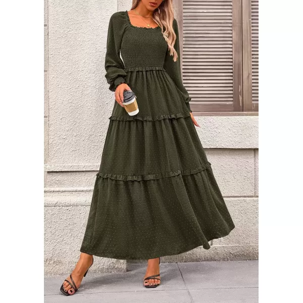 imagePRETTYGARDEN Womens Long Sleeve Smocked Maxi Dress Casual Square Neck Swiss Dot Tiered Ruffle Flowy Pocket DressesArmy Green