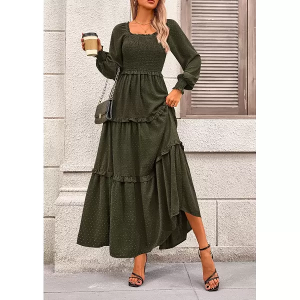 imagePRETTYGARDEN Womens Long Sleeve Smocked Maxi Dress Casual Square Neck Swiss Dot Tiered Ruffle Flowy Pocket DressesArmy Green