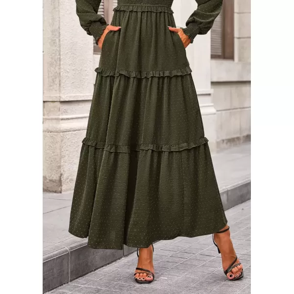 imagePRETTYGARDEN Womens Long Sleeve Smocked Maxi Dress Casual Square Neck Swiss Dot Tiered Ruffle Flowy Pocket DressesArmy Green