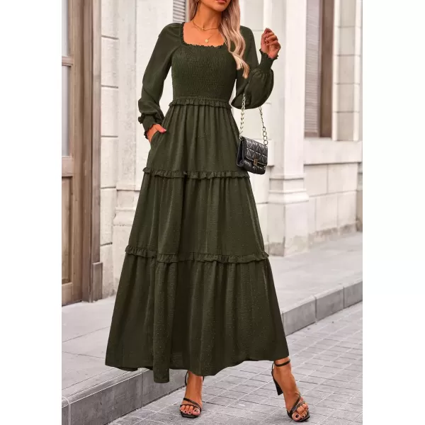 imagePRETTYGARDEN Womens Long Sleeve Smocked Maxi Dress Casual Square Neck Swiss Dot Tiered Ruffle Flowy Pocket DressesArmy Green