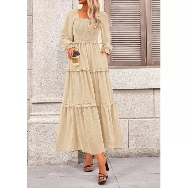 imagePRETTYGARDEN Womens Long Sleeve Smocked Maxi Dress Casual Square Neck Swiss Dot Tiered Ruffle Flowy Pocket DressesBeige