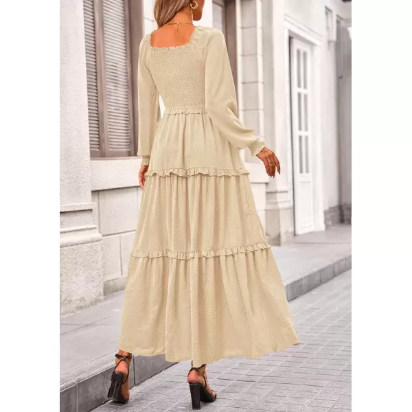 imagePRETTYGARDEN Womens Long Sleeve Smocked Maxi Dress Casual Square Neck Swiss Dot Tiered Ruffle Flowy Pocket DressesBeige