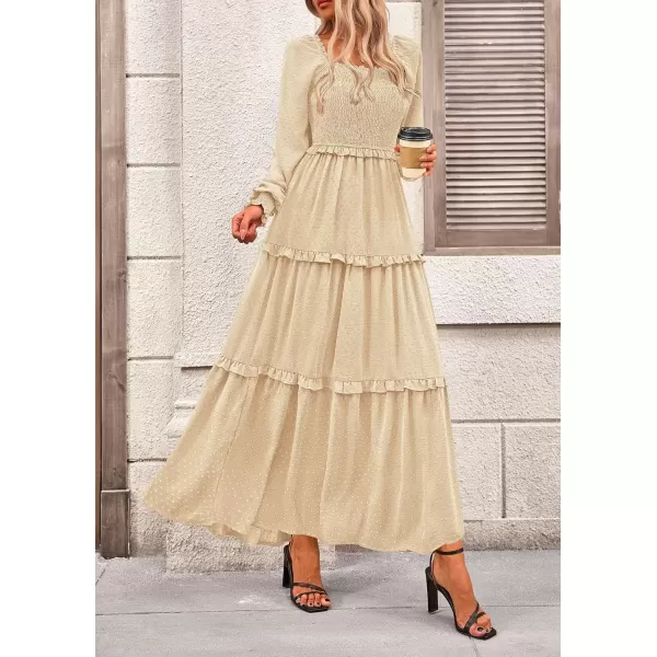 imagePRETTYGARDEN Womens Long Sleeve Smocked Maxi Dress Casual Square Neck Swiss Dot Tiered Ruffle Flowy Pocket DressesBeige
