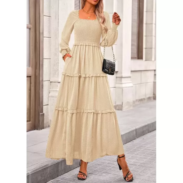 imagePRETTYGARDEN Womens Long Sleeve Smocked Maxi Dress Casual Square Neck Swiss Dot Tiered Ruffle Flowy Pocket DressesBeige