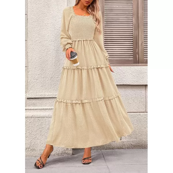 imagePRETTYGARDEN Womens Long Sleeve Smocked Maxi Dress Casual Square Neck Swiss Dot Tiered Ruffle Flowy Pocket DressesBeige