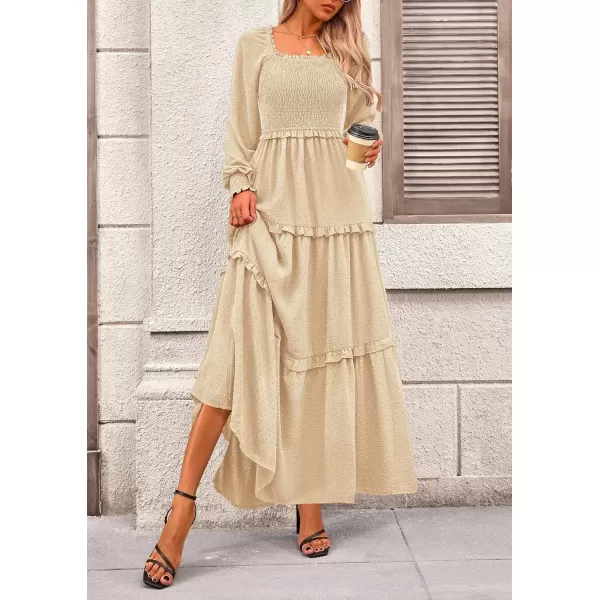 imagePRETTYGARDEN Womens Long Sleeve Smocked Maxi Dress Casual Square Neck Swiss Dot Tiered Ruffle Flowy Pocket DressesBeige