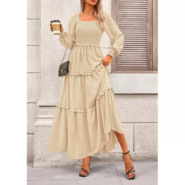 imagePRETTYGARDEN Womens Long Sleeve Smocked Maxi Dress Casual Square Neck Swiss Dot Tiered Ruffle Flowy Pocket DressesBeige