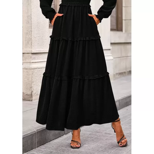 imagePRETTYGARDEN Womens Long Sleeve Smocked Maxi Dress Casual Square Neck Swiss Dot Tiered Ruffle Flowy Pocket DressesBlack