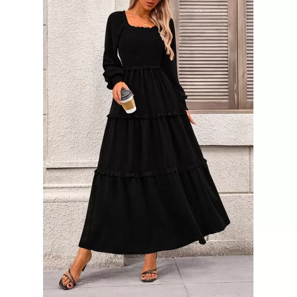 imagePRETTYGARDEN Womens Long Sleeve Smocked Maxi Dress Casual Square Neck Swiss Dot Tiered Ruffle Flowy Pocket DressesBlack