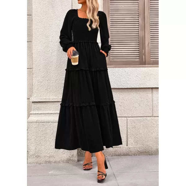 imagePRETTYGARDEN Womens Long Sleeve Smocked Maxi Dress Casual Square Neck Swiss Dot Tiered Ruffle Flowy Pocket DressesBlack