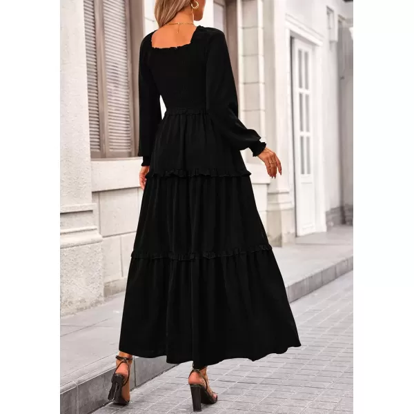 imagePRETTYGARDEN Womens Long Sleeve Smocked Maxi Dress Casual Square Neck Swiss Dot Tiered Ruffle Flowy Pocket DressesBlack