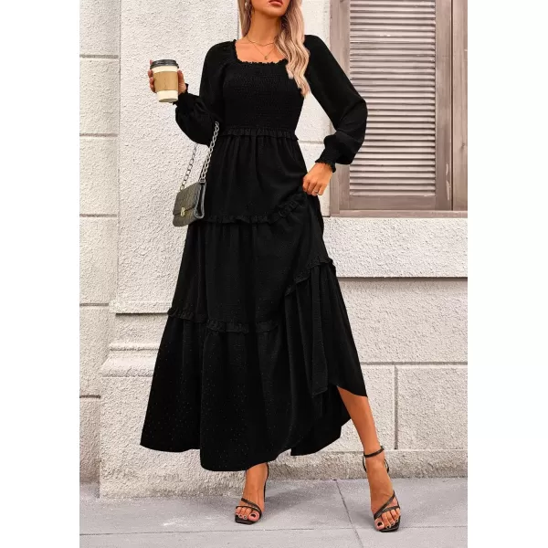 imagePRETTYGARDEN Womens Long Sleeve Smocked Maxi Dress Casual Square Neck Swiss Dot Tiered Ruffle Flowy Pocket DressesBlack