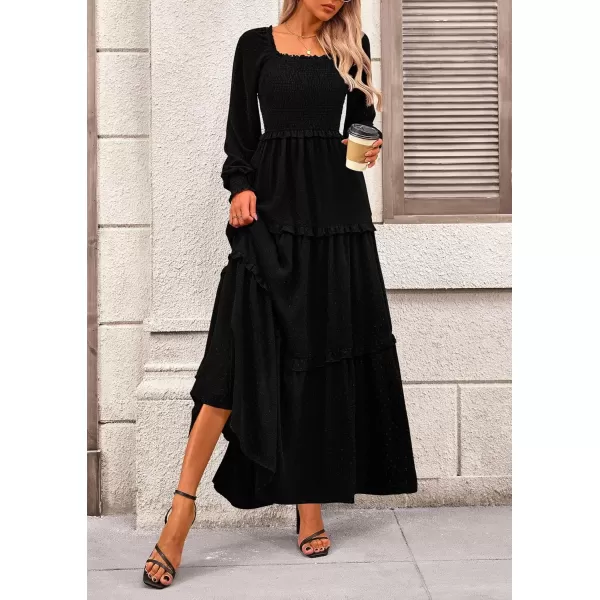 imagePRETTYGARDEN Womens Long Sleeve Smocked Maxi Dress Casual Square Neck Swiss Dot Tiered Ruffle Flowy Pocket DressesBlack