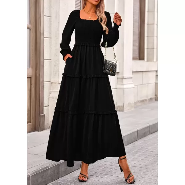 imagePRETTYGARDEN Womens Long Sleeve Smocked Maxi Dress Casual Square Neck Swiss Dot Tiered Ruffle Flowy Pocket DressesBlack
