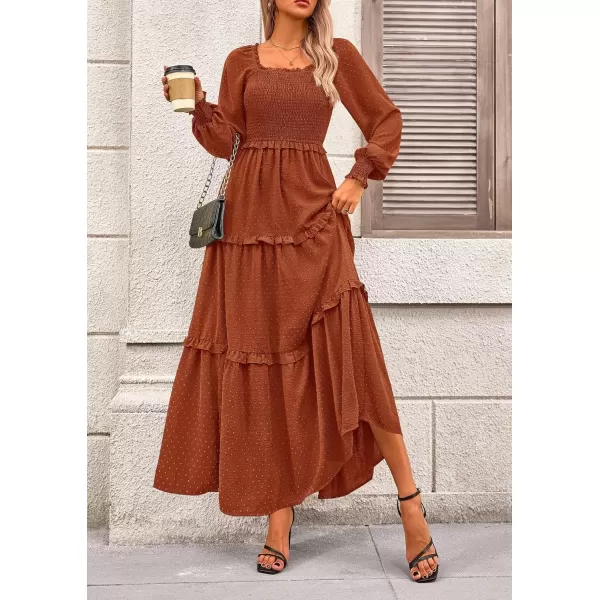 imagePRETTYGARDEN Womens Long Sleeve Smocked Maxi Dress Casual Square Neck Swiss Dot Tiered Ruffle Flowy Pocket DressesBrown