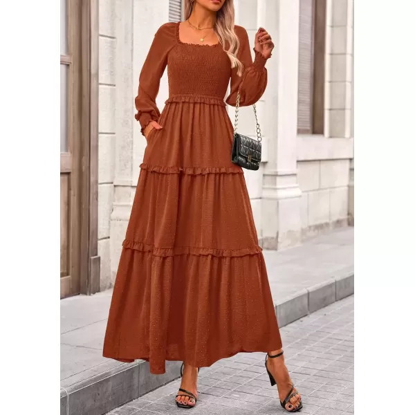 imagePRETTYGARDEN Womens Long Sleeve Smocked Maxi Dress Casual Square Neck Swiss Dot Tiered Ruffle Flowy Pocket DressesBrown
