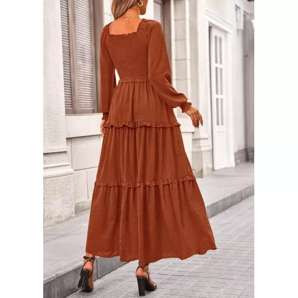 imagePRETTYGARDEN Womens Long Sleeve Smocked Maxi Dress Casual Square Neck Swiss Dot Tiered Ruffle Flowy Pocket DressesBrown