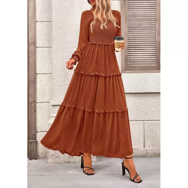 imagePRETTYGARDEN Womens Long Sleeve Smocked Maxi Dress Casual Square Neck Swiss Dot Tiered Ruffle Flowy Pocket DressesBrown