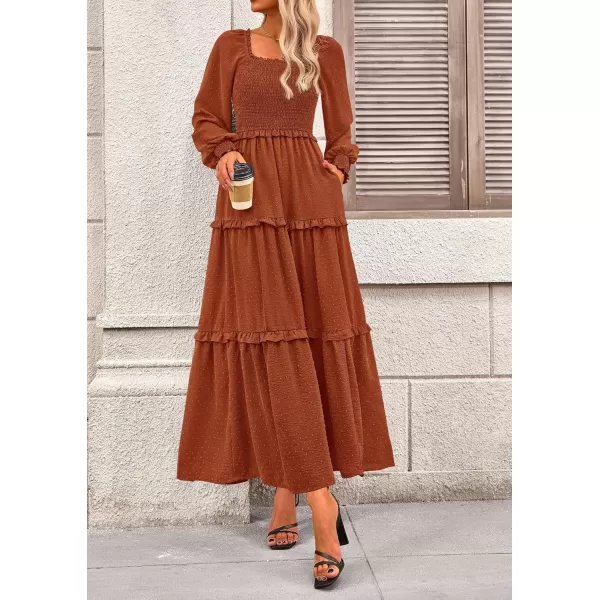 imagePRETTYGARDEN Womens Long Sleeve Smocked Maxi Dress Casual Square Neck Swiss Dot Tiered Ruffle Flowy Pocket DressesBrown