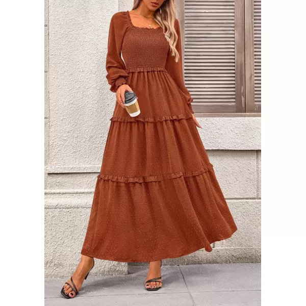 imagePRETTYGARDEN Womens Long Sleeve Smocked Maxi Dress Casual Square Neck Swiss Dot Tiered Ruffle Flowy Pocket DressesBrown