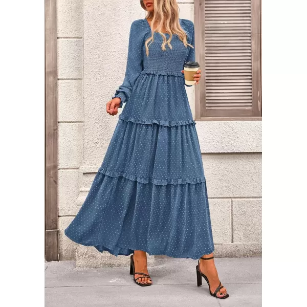imagePRETTYGARDEN Womens Long Sleeve Smocked Maxi Dress Casual Square Neck Swiss Dot Tiered Ruffle Flowy Pocket DressesDark Blue