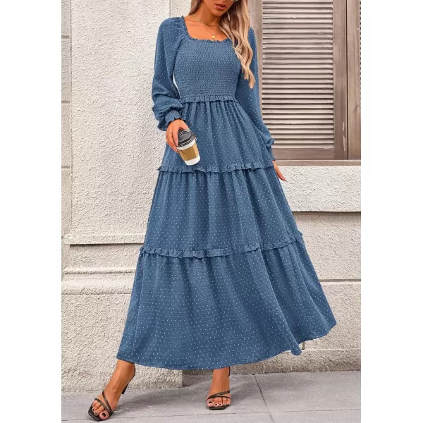 imagePRETTYGARDEN Womens Long Sleeve Smocked Maxi Dress Casual Square Neck Swiss Dot Tiered Ruffle Flowy Pocket DressesDark Blue