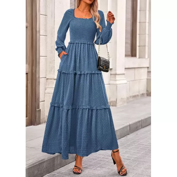 imagePRETTYGARDEN Womens Long Sleeve Smocked Maxi Dress Casual Square Neck Swiss Dot Tiered Ruffle Flowy Pocket DressesDark Blue