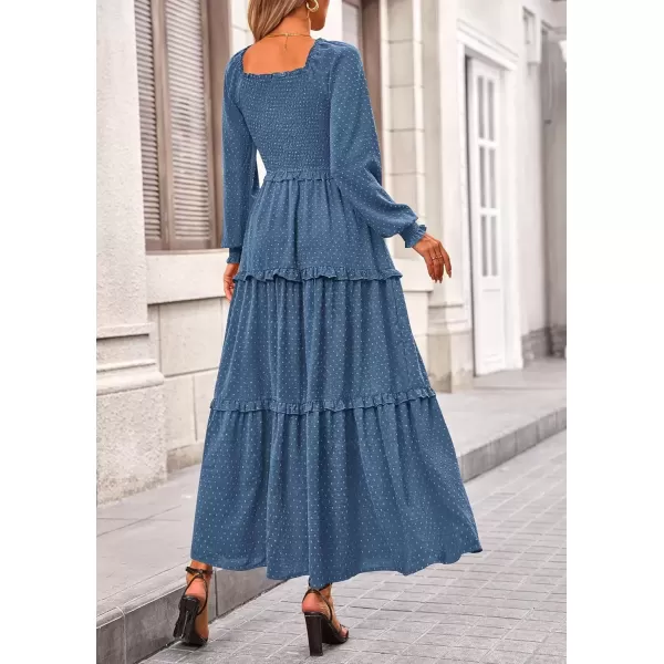 imagePRETTYGARDEN Womens Long Sleeve Smocked Maxi Dress Casual Square Neck Swiss Dot Tiered Ruffle Flowy Pocket DressesDark Blue