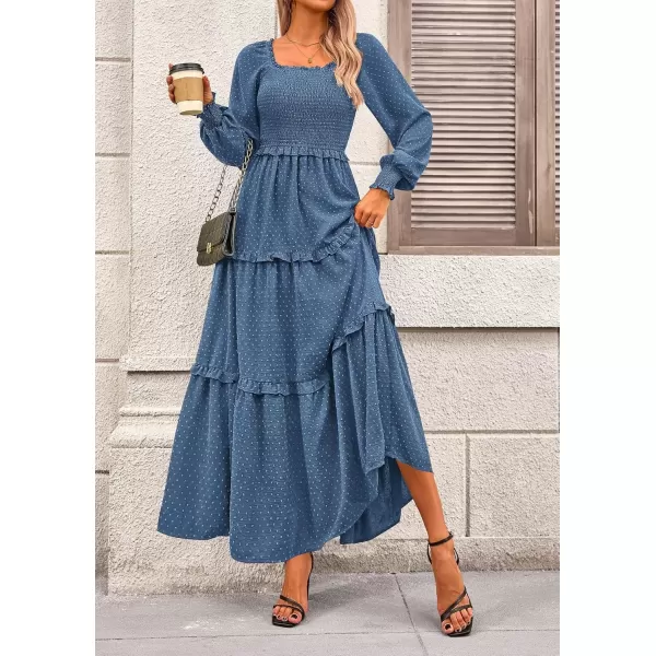 imagePRETTYGARDEN Womens Long Sleeve Smocked Maxi Dress Casual Square Neck Swiss Dot Tiered Ruffle Flowy Pocket DressesDark Blue