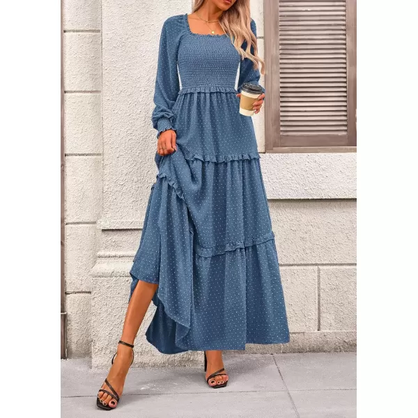 imagePRETTYGARDEN Womens Long Sleeve Smocked Maxi Dress Casual Square Neck Swiss Dot Tiered Ruffle Flowy Pocket DressesDark Blue