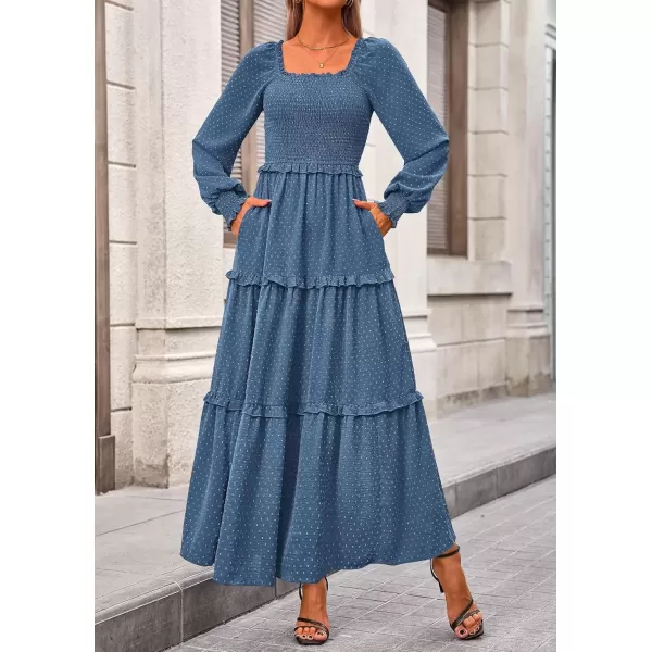 imagePRETTYGARDEN Womens Long Sleeve Smocked Maxi Dress Casual Square Neck Swiss Dot Tiered Ruffle Flowy Pocket DressesDark Blue