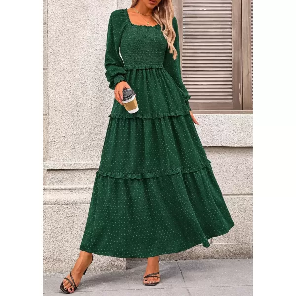 imagePRETTYGARDEN Womens Long Sleeve Smocked Maxi Dress Casual Square Neck Swiss Dot Tiered Ruffle Flowy Pocket DressesDark Green