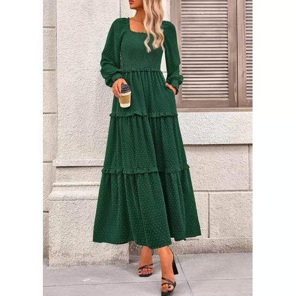 imagePRETTYGARDEN Womens Long Sleeve Smocked Maxi Dress Casual Square Neck Swiss Dot Tiered Ruffle Flowy Pocket DressesDark Green