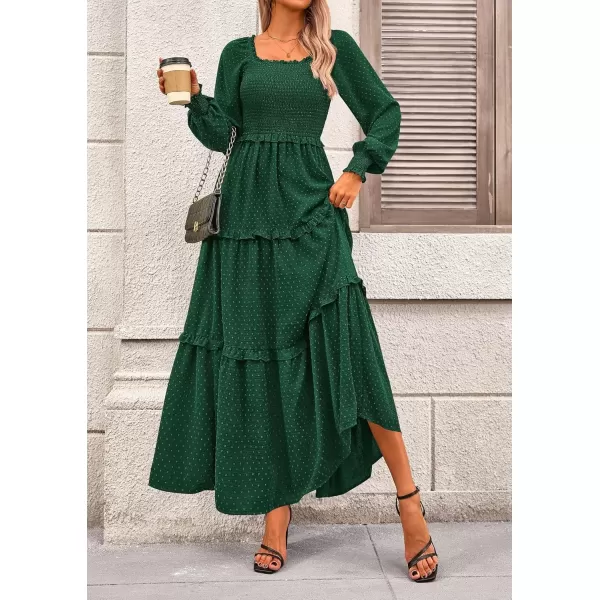 imagePRETTYGARDEN Womens Long Sleeve Smocked Maxi Dress Casual Square Neck Swiss Dot Tiered Ruffle Flowy Pocket DressesDark Green