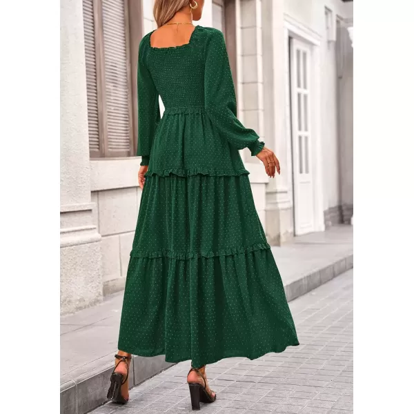 imagePRETTYGARDEN Womens Long Sleeve Smocked Maxi Dress Casual Square Neck Swiss Dot Tiered Ruffle Flowy Pocket DressesDark Green