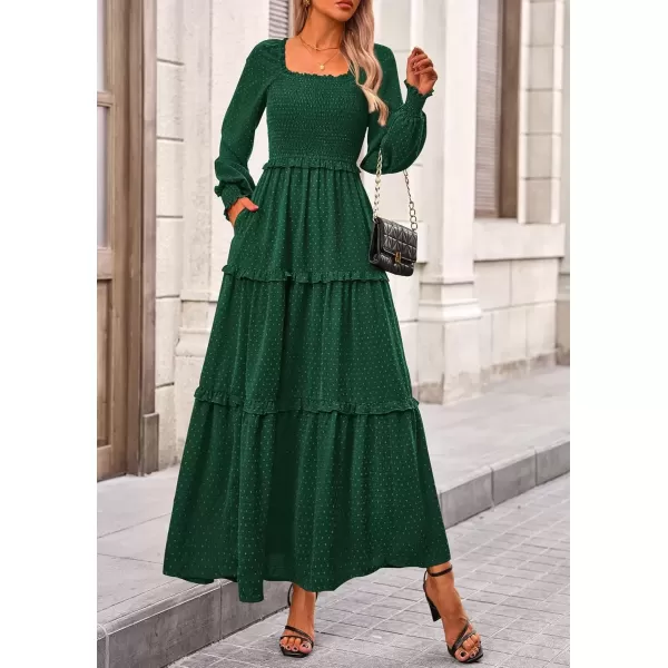 imagePRETTYGARDEN Womens Long Sleeve Smocked Maxi Dress Casual Square Neck Swiss Dot Tiered Ruffle Flowy Pocket DressesDark Green