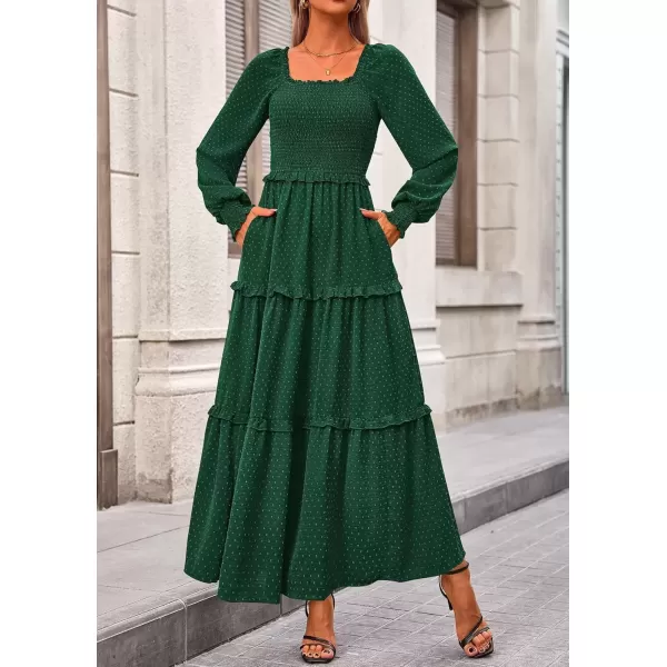 imagePRETTYGARDEN Womens Long Sleeve Smocked Maxi Dress Casual Square Neck Swiss Dot Tiered Ruffle Flowy Pocket DressesDark Green