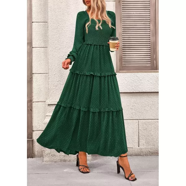 imagePRETTYGARDEN Womens Long Sleeve Smocked Maxi Dress Casual Square Neck Swiss Dot Tiered Ruffle Flowy Pocket DressesDark Green