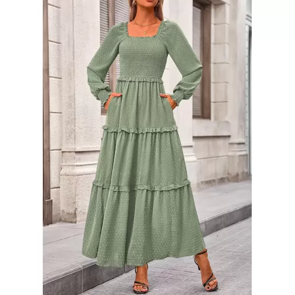 imagePRETTYGARDEN Womens Long Sleeve Smocked Maxi Dress Casual Square Neck Swiss Dot Tiered Ruffle Flowy Pocket DressesGrey Green
