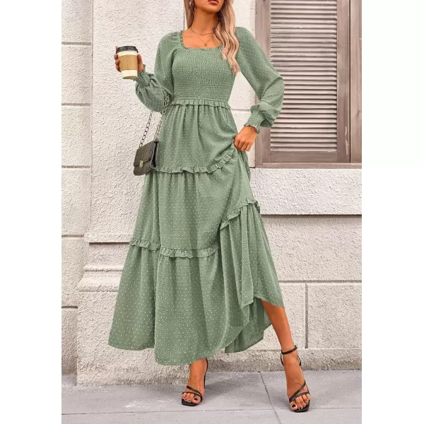 imagePRETTYGARDEN Womens Long Sleeve Smocked Maxi Dress Casual Square Neck Swiss Dot Tiered Ruffle Flowy Pocket DressesGrey Green