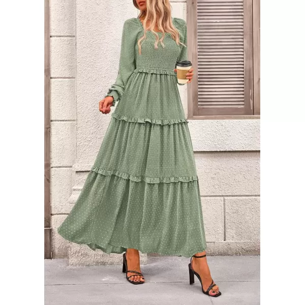 imagePRETTYGARDEN Womens Long Sleeve Smocked Maxi Dress Casual Square Neck Swiss Dot Tiered Ruffle Flowy Pocket DressesGrey Green