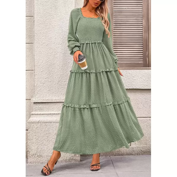 imagePRETTYGARDEN Womens Long Sleeve Smocked Maxi Dress Casual Square Neck Swiss Dot Tiered Ruffle Flowy Pocket DressesGrey Green