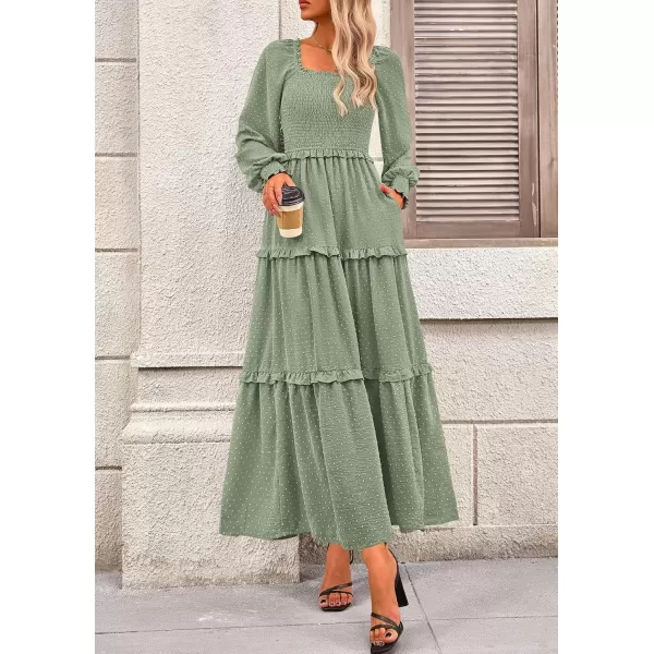 imagePRETTYGARDEN Womens Long Sleeve Smocked Maxi Dress Casual Square Neck Swiss Dot Tiered Ruffle Flowy Pocket DressesGrey Green