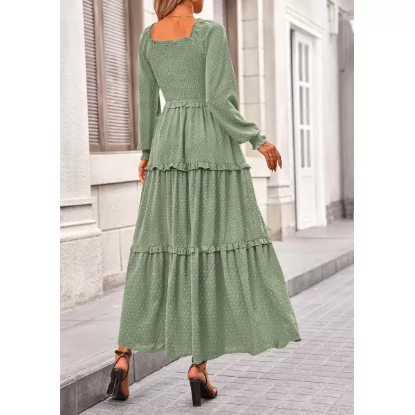 imagePRETTYGARDEN Womens Long Sleeve Smocked Maxi Dress Casual Square Neck Swiss Dot Tiered Ruffle Flowy Pocket DressesGrey Green