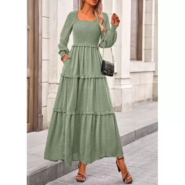 imagePRETTYGARDEN Womens Long Sleeve Smocked Maxi Dress Casual Square Neck Swiss Dot Tiered Ruffle Flowy Pocket DressesGrey Green