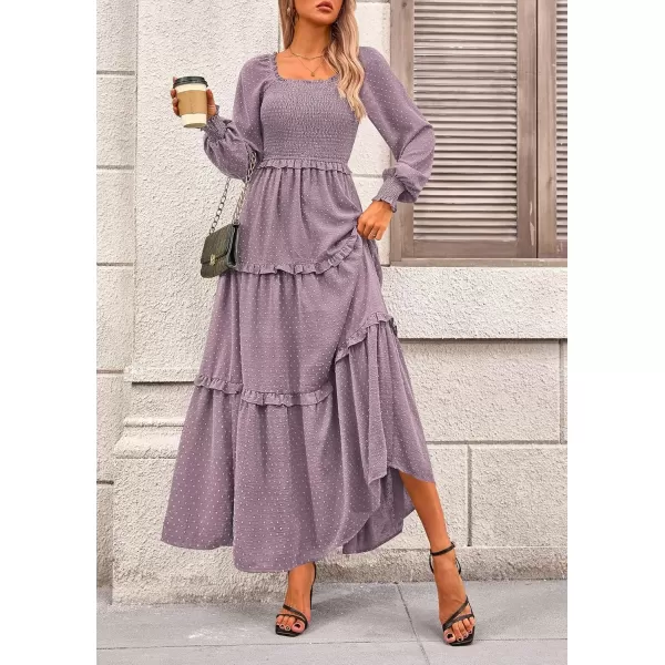 imagePRETTYGARDEN Womens Long Sleeve Smocked Maxi Dress Casual Square Neck Swiss Dot Tiered Ruffle Flowy Pocket DressesGrey Purple