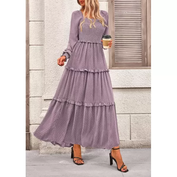 imagePRETTYGARDEN Womens Long Sleeve Smocked Maxi Dress Casual Square Neck Swiss Dot Tiered Ruffle Flowy Pocket DressesGrey Purple