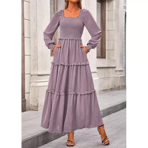imagePRETTYGARDEN Womens Long Sleeve Smocked Maxi Dress Casual Square Neck Swiss Dot Tiered Ruffle Flowy Pocket DressesGrey Purple